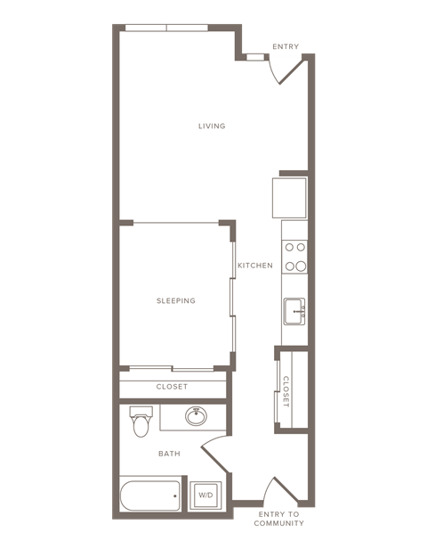 Floor plan for 1 bed, 1 bath, 608 sqft